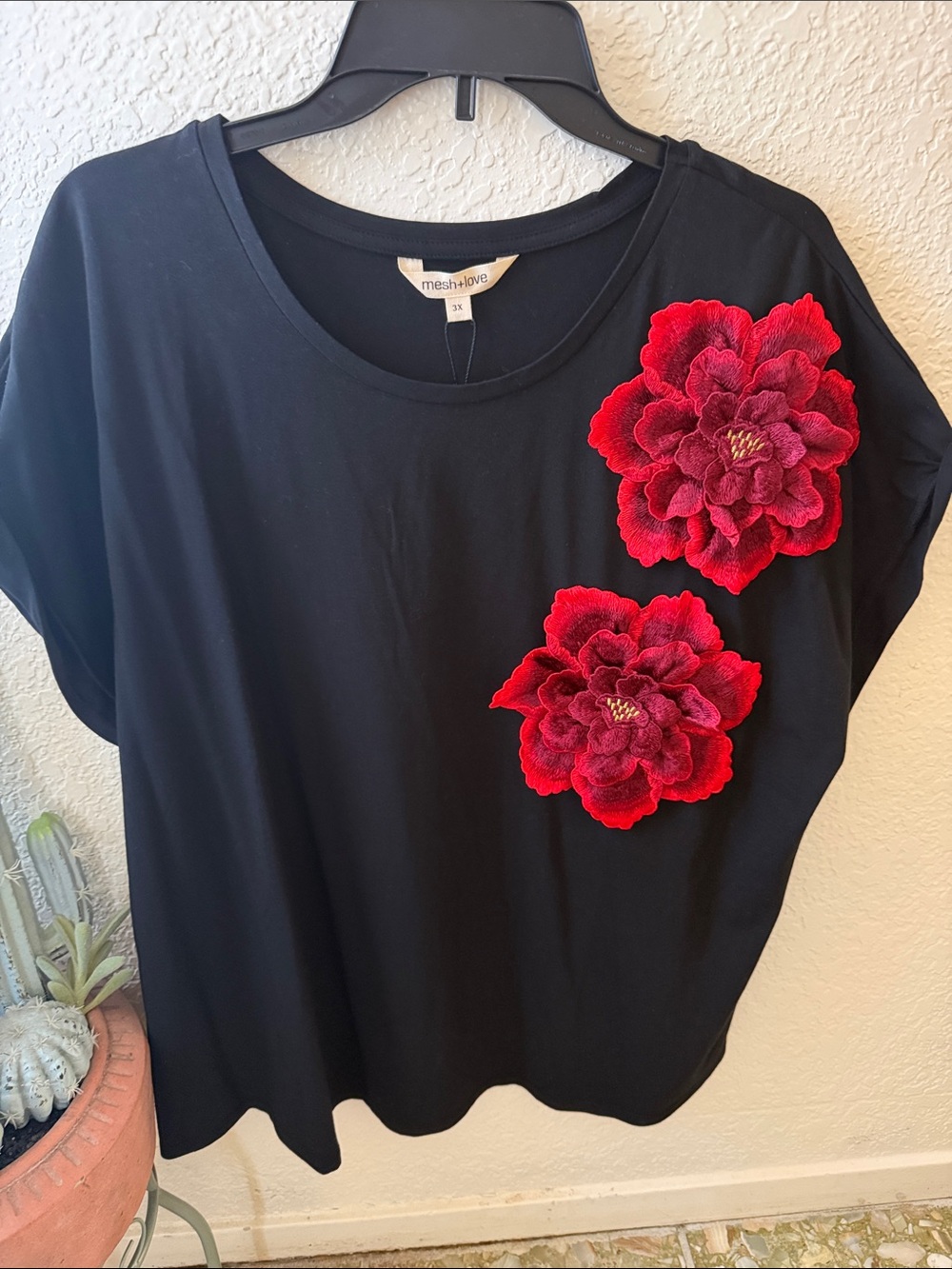 Mesh & Love Black Short Sleeve Tee with Red Floral Appliqués